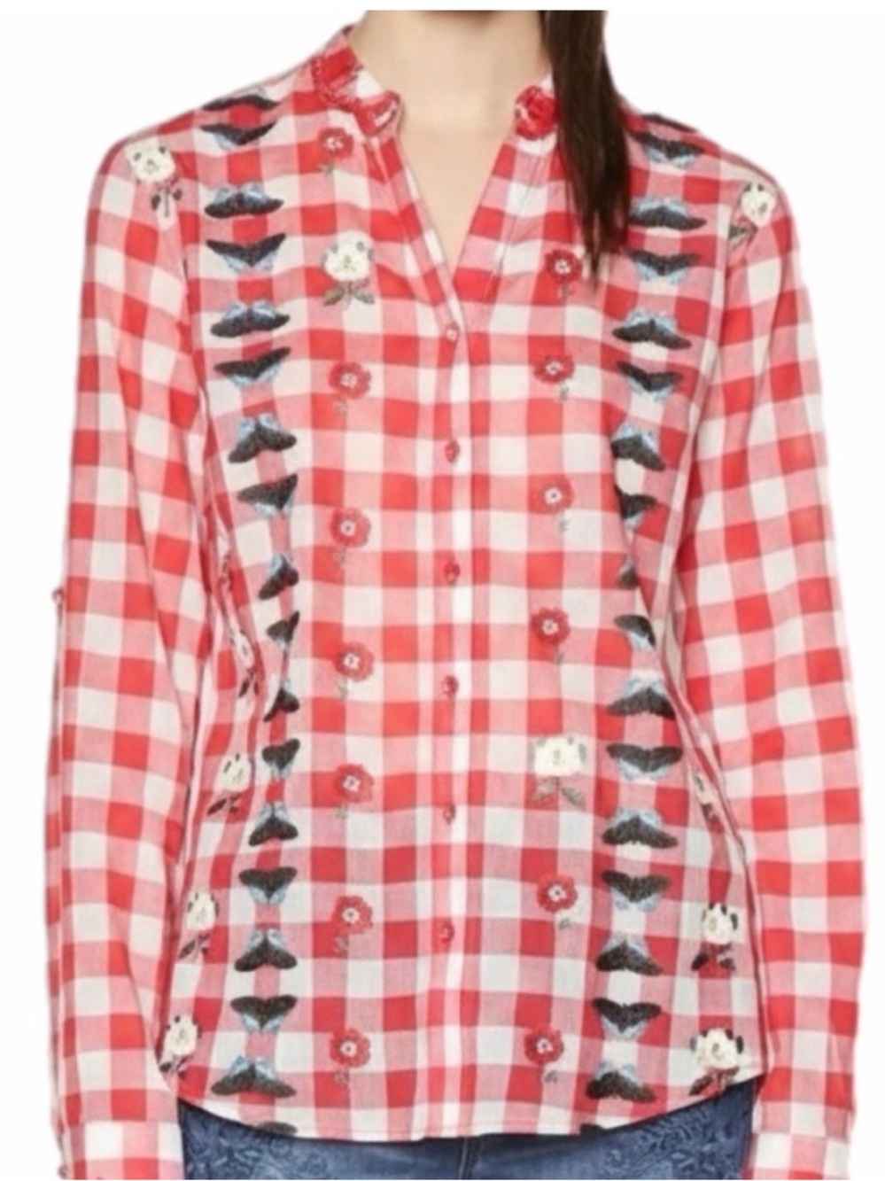 Desigual Adara Red Gingham Butterfly Button Down Size XS